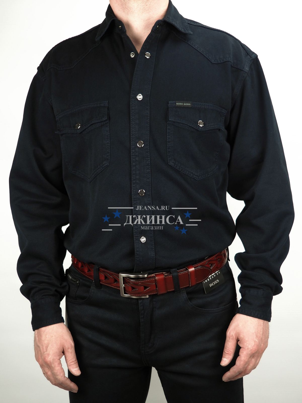 Рубашка джинсовая Boss полиринг M01-68-26 темно-синяя Рубашка джинсовая Boss полиринг M01-68-26 темно-синяя